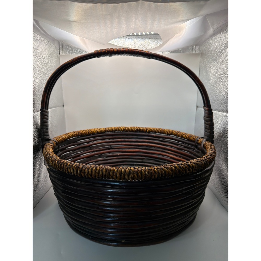Vintage Round Wicker Basket Espresso Brown Woven Wood Base Fixed Handle Decor